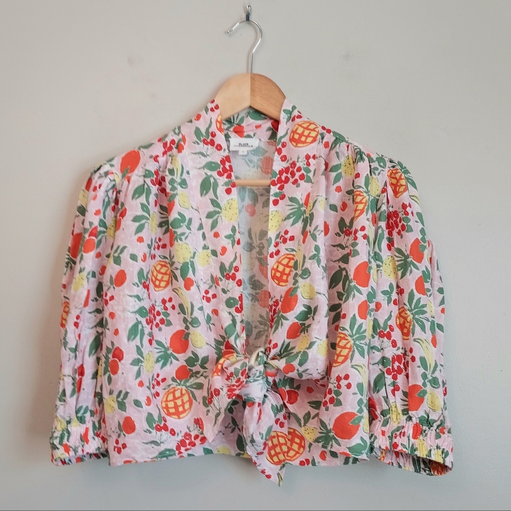Place Nationale Tropical Fruit Linen Schrug Top Shirt Blouse Size 1 Small